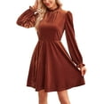 thumbnail image 1 of Solid Color Velvet Ruffle Neck Long Sleeves Keyhole Back Tight Pleated Waist Dress Brown Small, 1 of 1