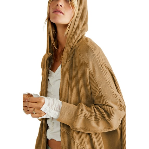 Solid Color Waffle Knit Textured Hooded Basic Jacket for Women Brown Small