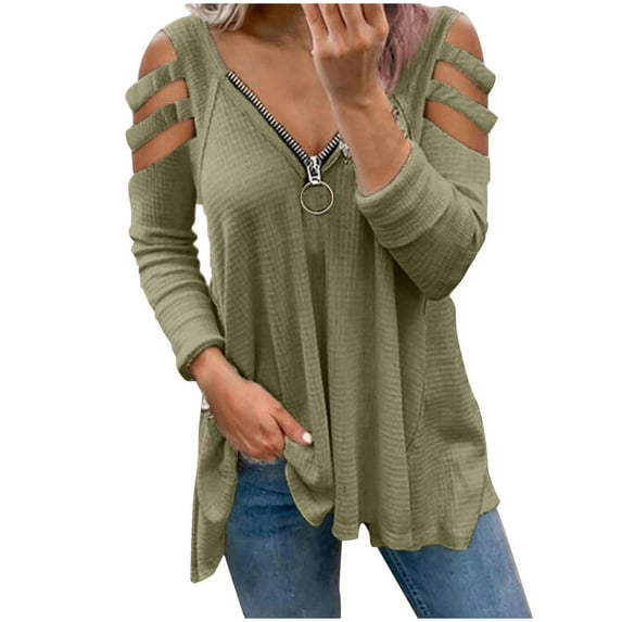 Solid Color Waffle Tops for Women Cold Shoulder Long Sleeve T-Shirts Loose-Fit Zipper V-Neck Pullover
