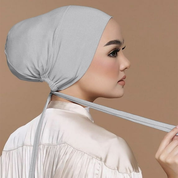 Solid Color Weekend Shrink-To-Fit Elastic Waist Leisure Heardband, Women Casual Solid Color Multicolor Elastic Bandage Lace Up Bottom Muslim Hijab Gray
