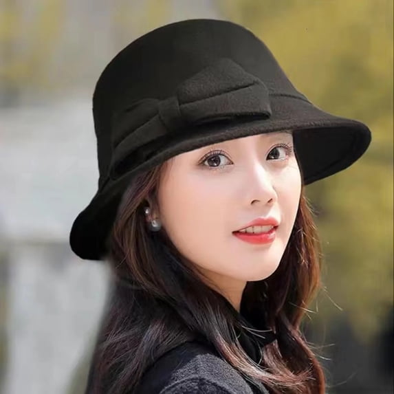 Solid Color Wide Brim Round Dome Warm Woolen Hat For Women Autumn Winter Elegant Bowknot Fedora Daily Wear