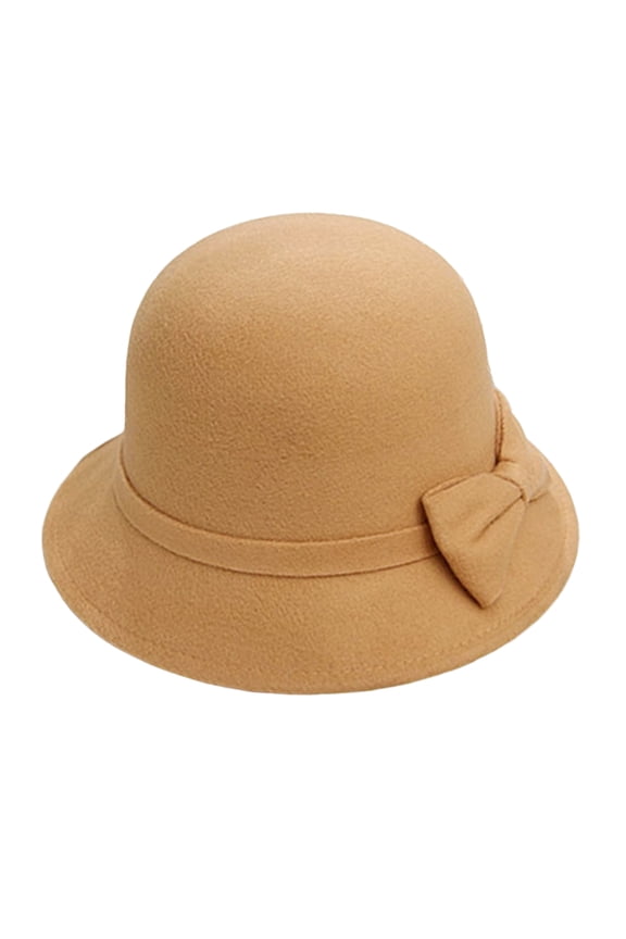 Solid Color Wide Brim Round Dome Warm Woolen Hat Women Autumn Winter Elegant Bowknot Decor Felt Fedora Hat Daily Wear,Beige