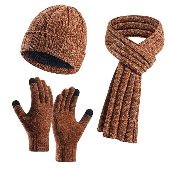 Solid Color Winter Thickened Hat Scarf And Gloves Three Piece Set