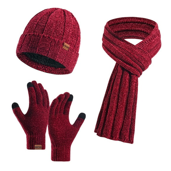 Solid Color Winter Thickened Hat Scarf And Gloves Three Piece Set