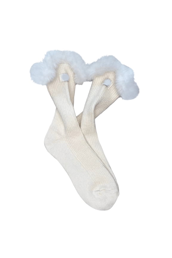 Solid Color Winter Warm Calf Socks for Women Thick Faux Wool Ribbed Knit Middle Tube Socks with Furry Cuffs Patchwork