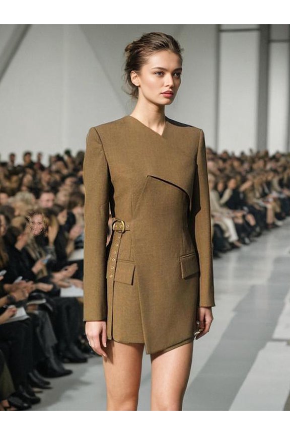 Solid Color With Belt Long Sleeve Blazers (M, Brown)