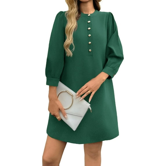 Solid Color Women 3/4 Sleeve Button Down Elegant Lady Dress