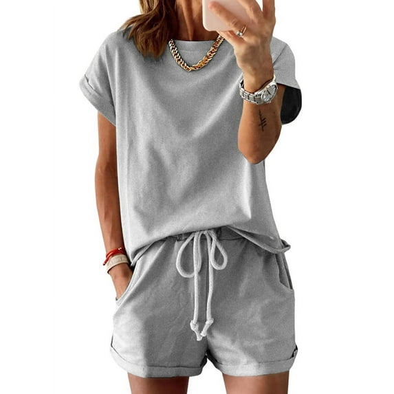 Langwyqu Solid Color Women Casual 2 Pieces Sets Tops & Shorts Suit