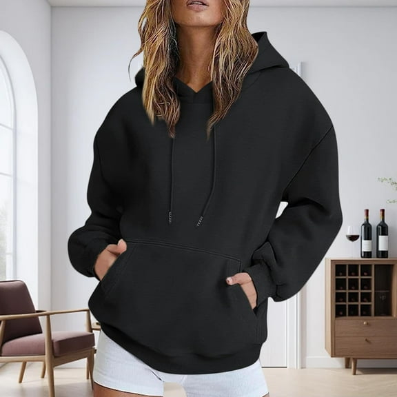 Solid Color Women Hoodie Pullover Sweatshirt Long Sleeve Casual Fleece Tops with Front Pocket, Fashion Warm Hoodies for Fall and Winter