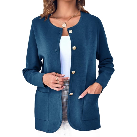 Solid Color Women Long Sleeve Crewneck Casual Button Down Knit Cardigan with Pocket