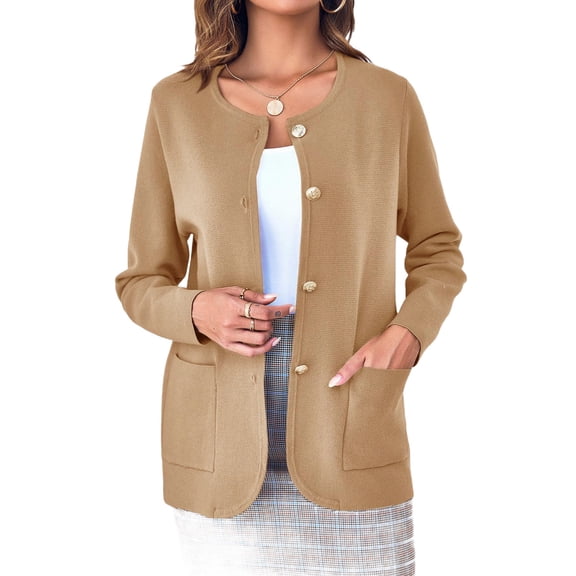 Solid Color Women Long Sleeve Crewneck Casual Button Down Knit Cardigan with Pocket