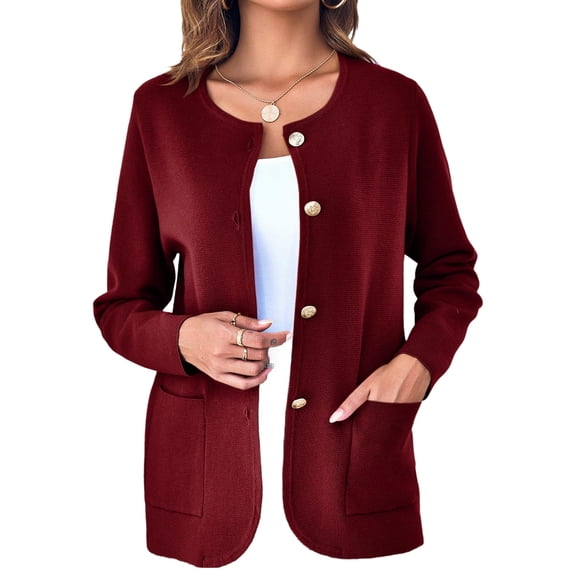 Solid Color Women Long Sleeve Crewneck Casual Button Down Knit Cardigan with Pocket