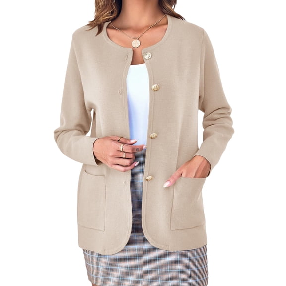 Solid Color Women Long Sleeve Crewneck Casual Button Down Knit Cardigan with Pocket