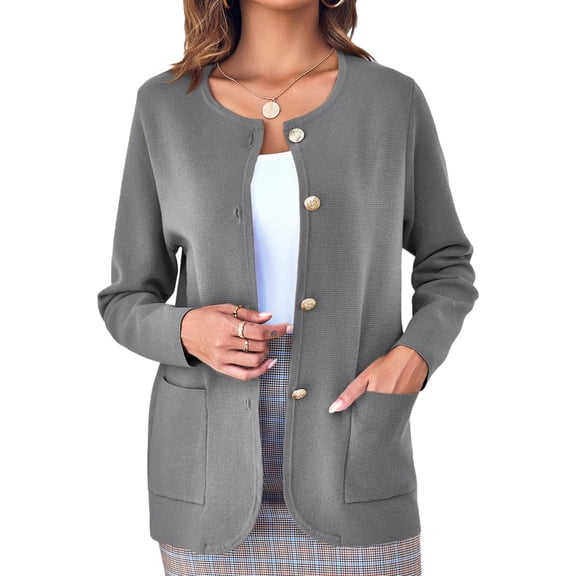 Solid Color Women Long Sleeve Crewneck Casual Button Down Knit Cardigan with Pocket