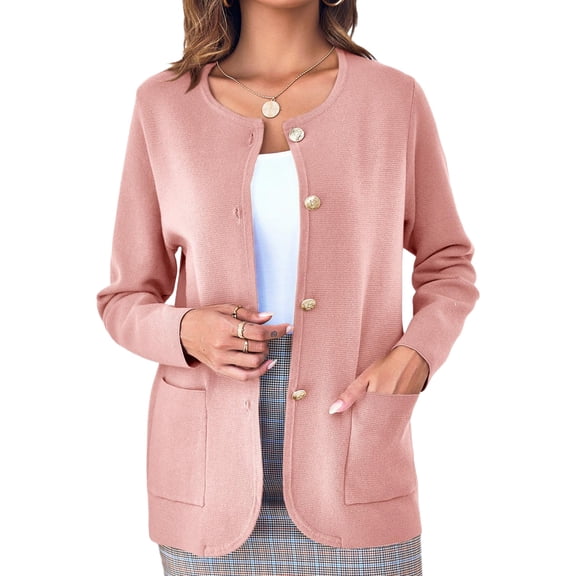 Solid Color Women Long Sleeve Crewneck Casual Button Down Knit Cardigan with Pocket