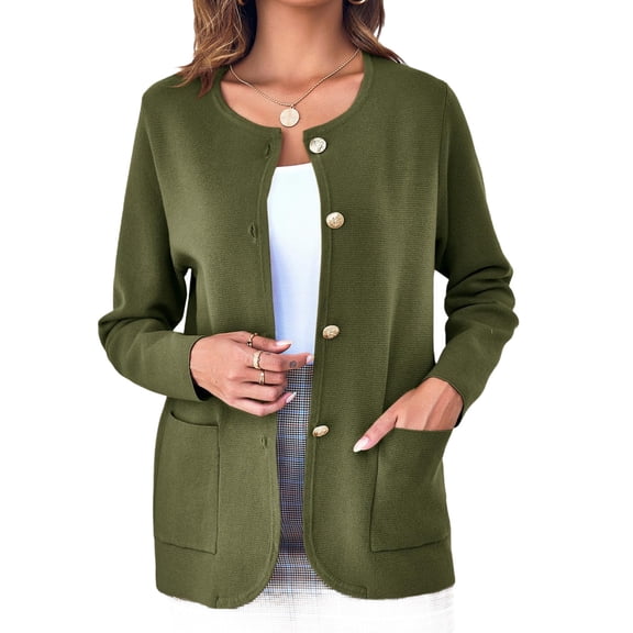 Solid Color Women Long Sleeve Crewneck Casual Button Down Knit Cardigan with Pocket