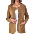 thumbnail image 1 of Solid Color Women Long Sleeve Crewneck Casual Button Down Knit Cardigan with Pocket, 1 of 5
