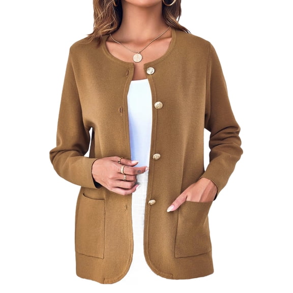 Solid Color Women Long Sleeve Crewneck Casual Button Down Knit Cardigan with Pocket