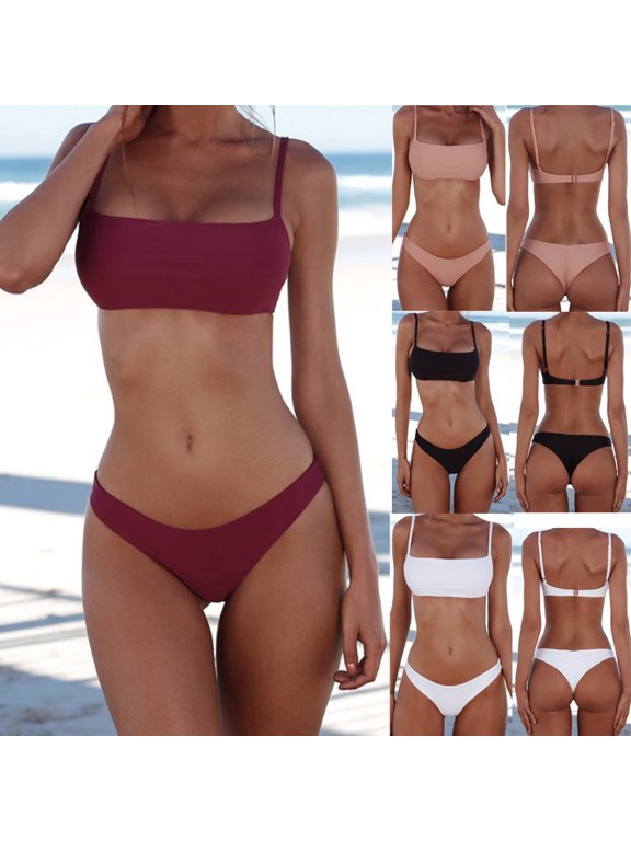 Solid Color Women Padded Wireless Strap Bra Briefs Swimwear Beach Bikini Set