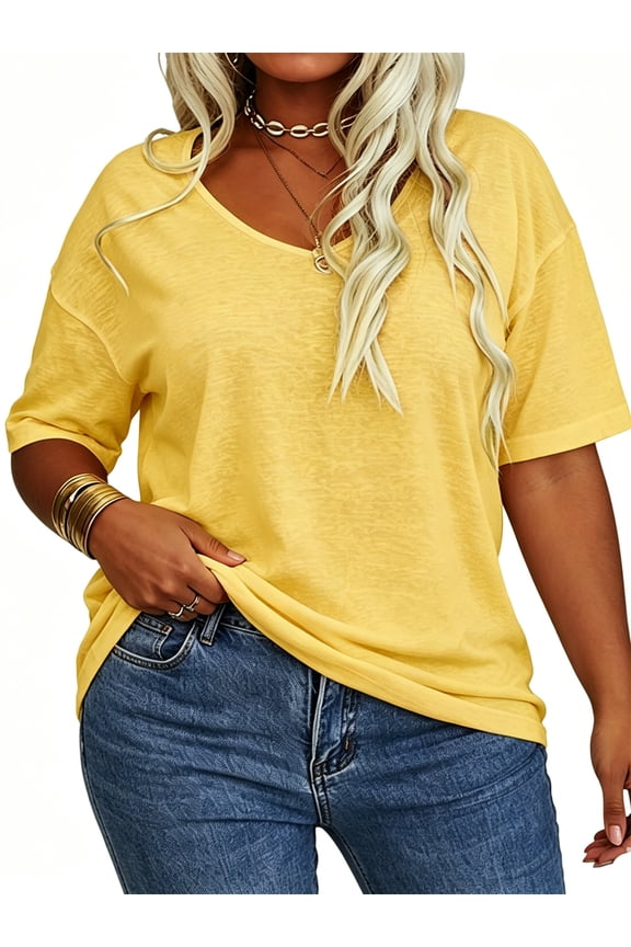 Solid Color Women Plus Size V-neck Casual Shirt Short Sleeved Simple Tee Tops