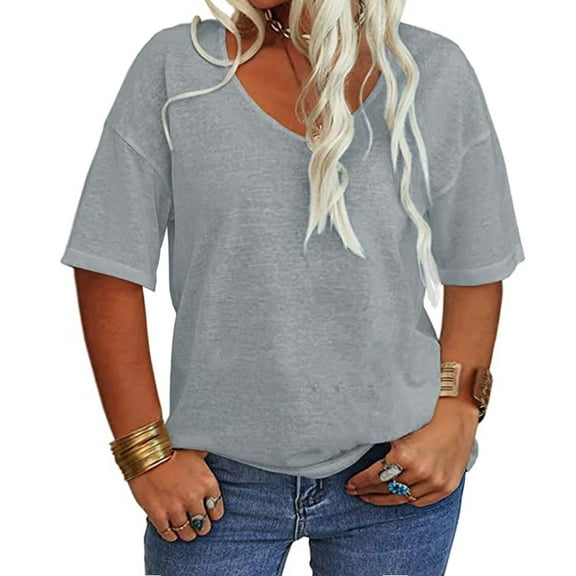 Solid Color Women Plus Size V-neck Casual Shirt Short Sleeved Simple Tee Tops