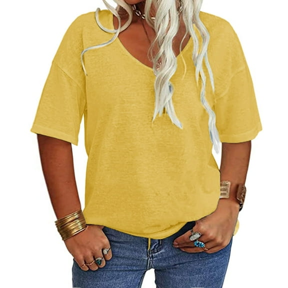 Solid Color Women Plus Size V-neck Casual Shirt Short Sleeved Simple Tee Tops