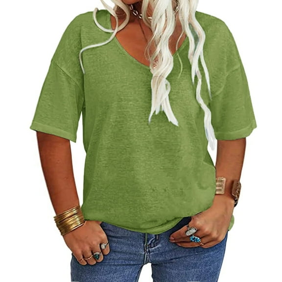 Solid Color Women Plus Size V-neck Casual Shirt Short Sleeved Simple Tee Tops