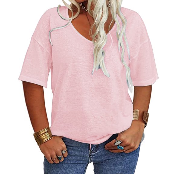 Solid Color Women Plus Size V-neck Casual Shirt Short Sleeved Simple Tee Tops