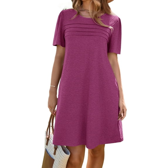 Solid Color Women Short Sleeve Front Pleated Summer Mini Shirt Dress