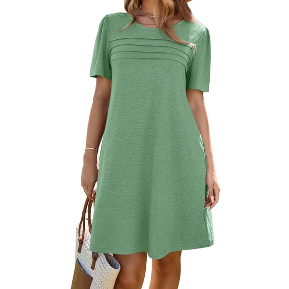 Solid Color Women Short Sleeve Front Pleated Summer Mini Shirt Dress