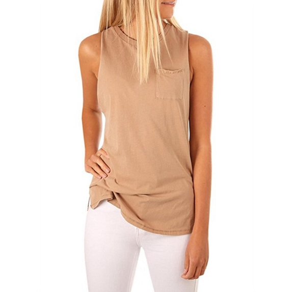 Solid Color Women Sleeveless Vest Shirt with Pocket