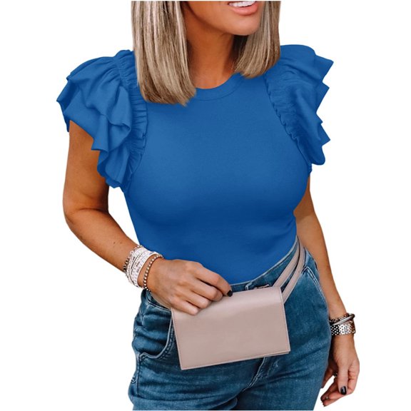 Solid Color Women Slim Fit Ruffle Sleeve Tops Shirt