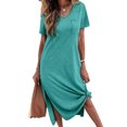 thumbnail image 1 of Solid Color Women V Neck Short Sleeved Casual Side Slit Dress, 1 of 4