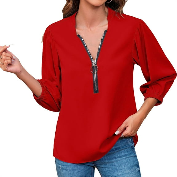 Solid Color Women V-neck 3/4 Sleeved Casual Blouse Zipper Tops