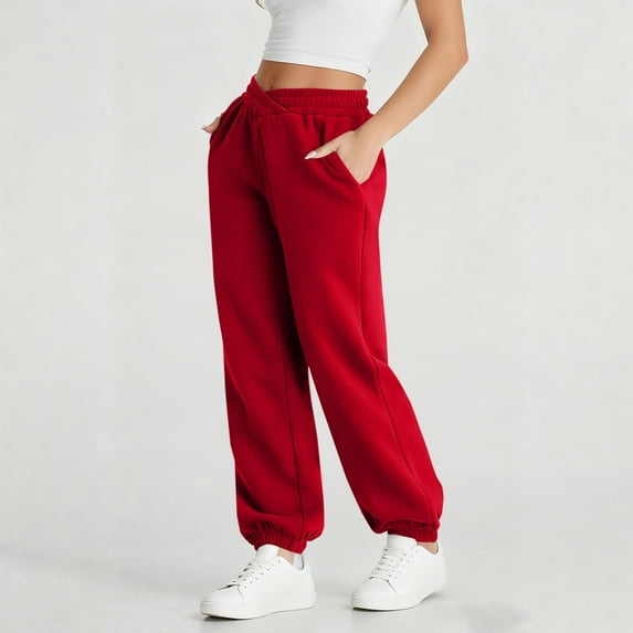 Solid Color Women's Casual Sweatpants - Winter Warm Cross Elastic Waist Side Pockets, Ankle Cuff Full Length Pants for Lounge & Commute Red XXL