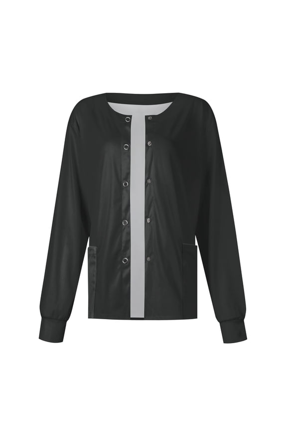 Solid Color Women’s Healthcare Uniform Jacket Terylene Twill Long Sleeve Nurse Scrub Outerwear with Side Pockets Black 2XL
