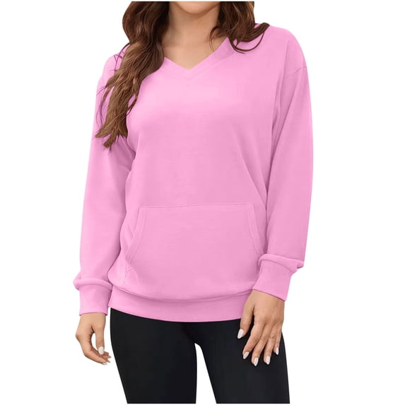 Solid Color Women's Hoodless Sweatshirt - V-neck Long Sleeve Soft Lightweight Top, Casual Trendy Fashionable Outfit That Works for Commute, Shopping, Picnics & Casual Gatherings Hot Pink XL