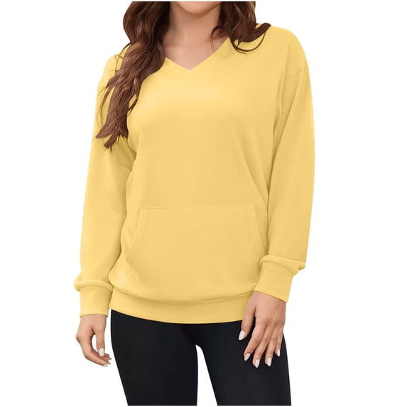 Solid Color Women's Hoodless Sweatshirt - V-neck Long Sleeve Soft Lightweight Top, Casual Trendy Fashionable Outfit That Works for Commute, Shopping, Picnics & Casual Gatherings Yellow XL