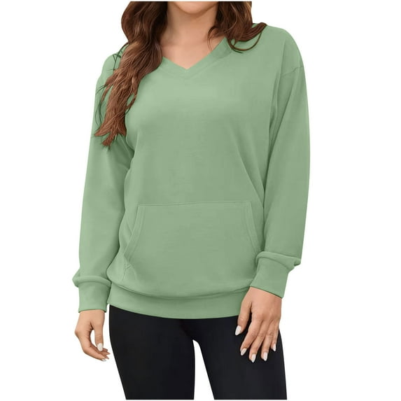 Solid Color Women's Hoodless Sweatshirt - V-neck Long Sleeve Soft Lightweight Top, Casual Trendy Fashionable Outfit That Works for Commute, Shopping, Picnics & Casual Gatherings Green XL