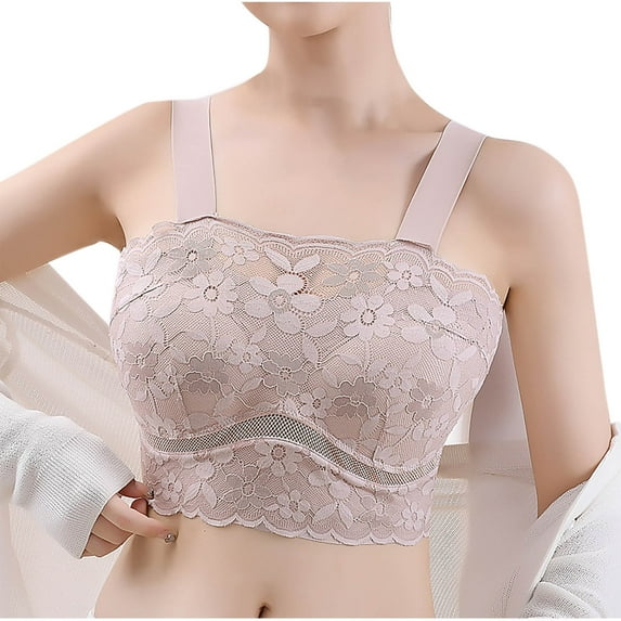 Solid Color Women's Lace Trim Wireless Bra with Padding, Integrated Camisole for Daily Wear, Comfortable and Fashionable Lingerie #Pink,L
