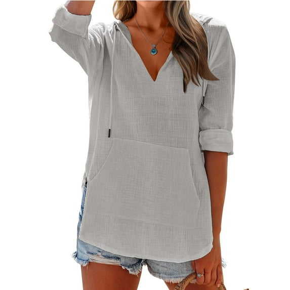 Solid Color Women's Long Sleeved V-neck Blouse Hooded Loose Tops