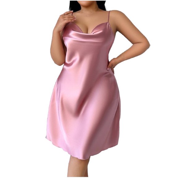 Solid Color Women's Sleepshirt - Satin-Like Ice Silk Backless Nightgown,Sleeveless Breathable,Mid-Calf for Casual At-Home Use Pink 4Xl