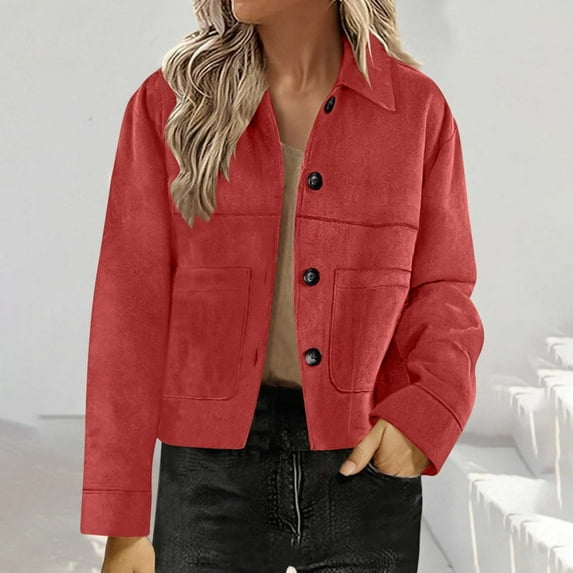 Solid Color Women's Suede Coat - Lapel Short Sleeve, Chic Temperament Fashion Jacket for Fall Everyday Wear Red XXL