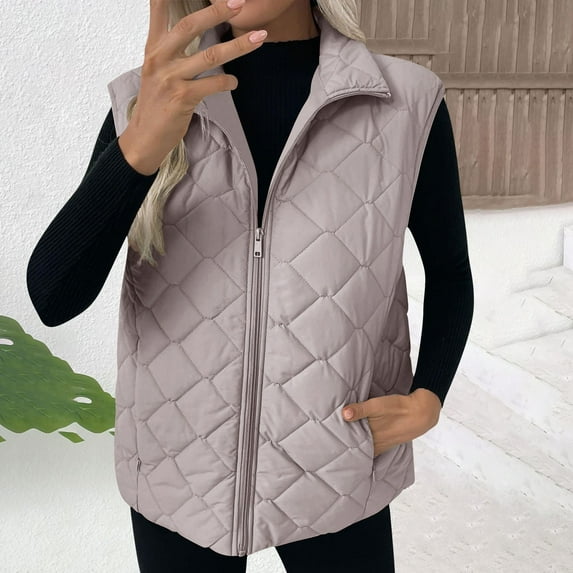 Solid Color Women's Winter Vest - Sleeveless Zip Up Stand Collar, Padded Warm Drawstring, With Pockets Casual Jacket for Weekend Wear Beige XXL