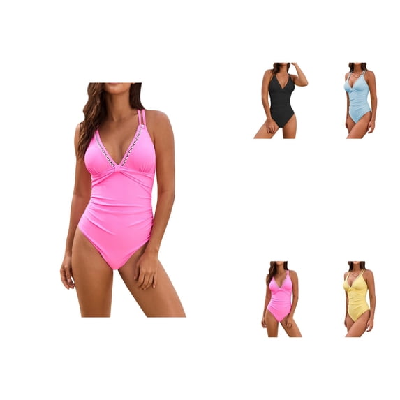 Solid Color Womens One Piece Swimsuit with V-Neck, Tummy Control, and Crisscross Sexy Back Design
