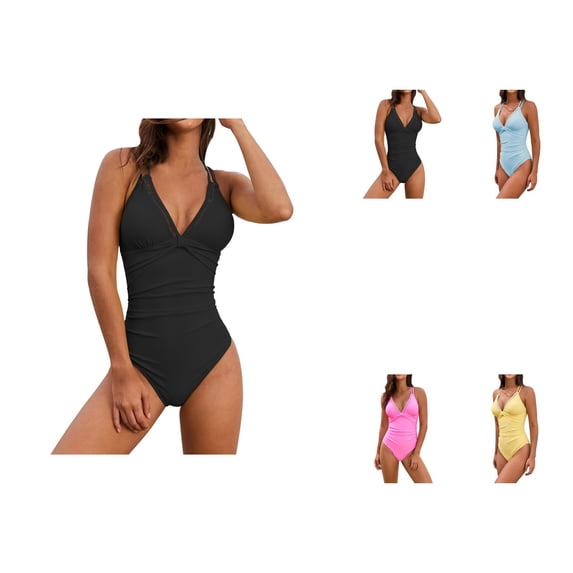 Solid Color Womens One Piece Swimsuit with V-Neck, Tummy Control, and Crisscross Sexy Back Design