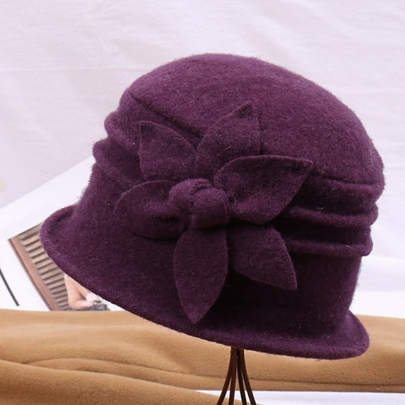 Solid Color Wool Mother Hat with Flower, Warm Windproof Winter Basin Hat for Women, Wool Topper Hat for Outdoor Travel Dating and Daily Wear Dark Purple