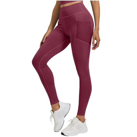 Solid Color Yoga Pants High Waisted Yoga Leggings Mesh Side Pockets Women 4 Way Stretch Squat Proof Workout Running Pants Wine M