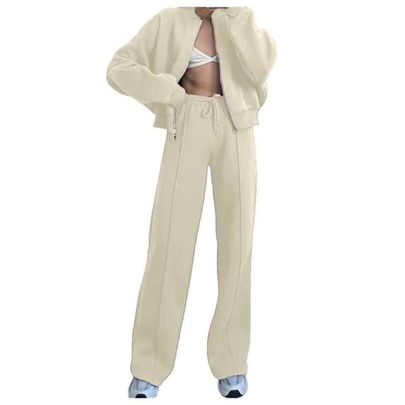 Solid Color Zipper Cardigan Hoodie Set - Women's Casual Straight Trouser Suit, Polyester, Size S-XXL
