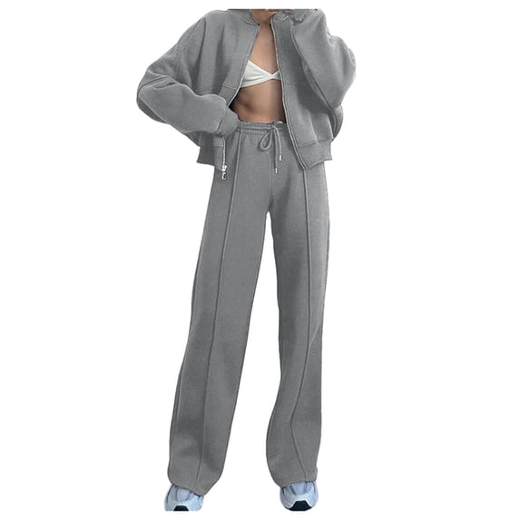 Solid Color Zipper Cardigan Hoodie Set - Women's Casual Straight Trouser Suit, Polyester, Size S-XXL